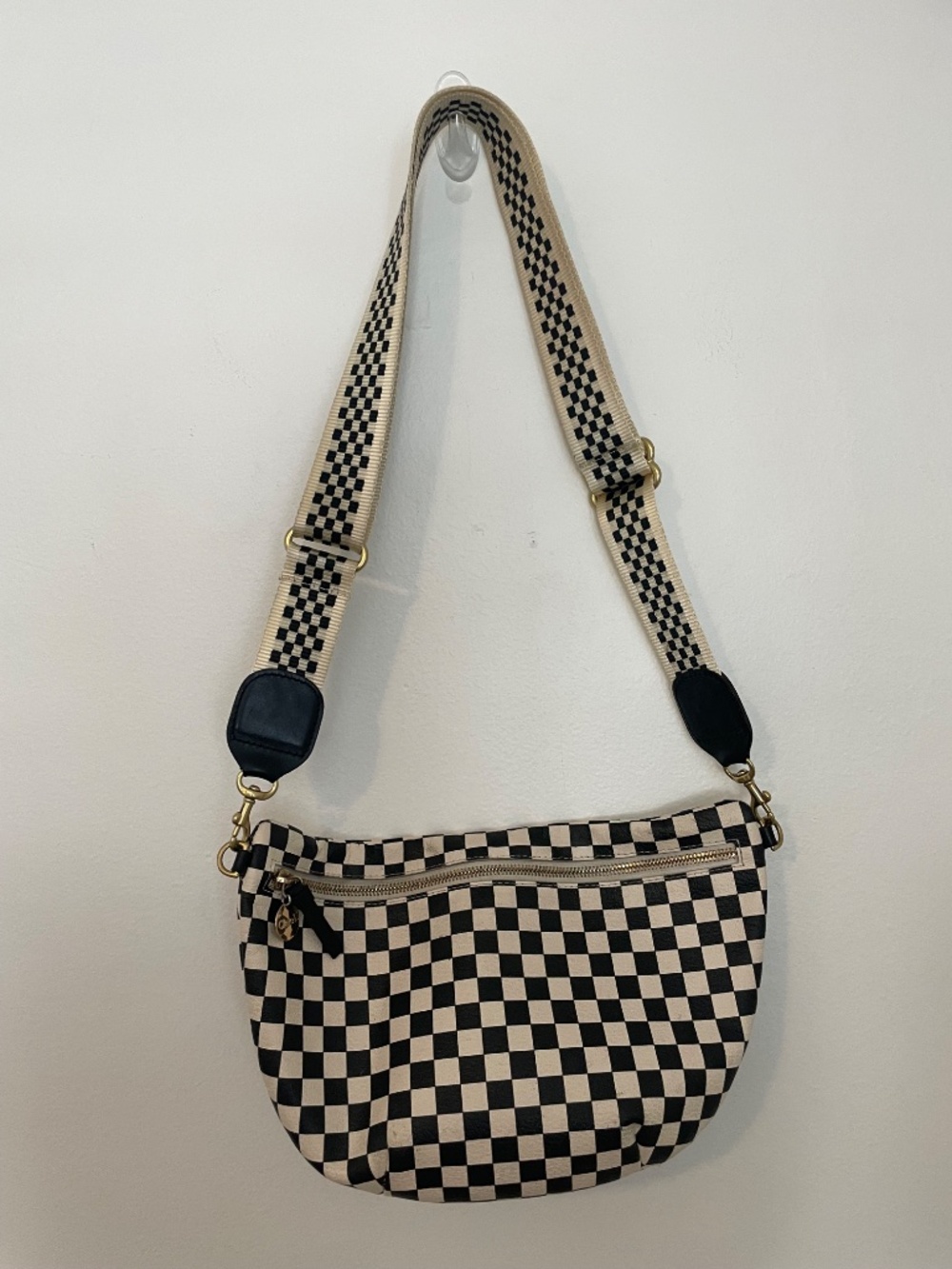 Clare V. Black + White Leather Checkered Grande Belt Bag Purse, Fanny Pack